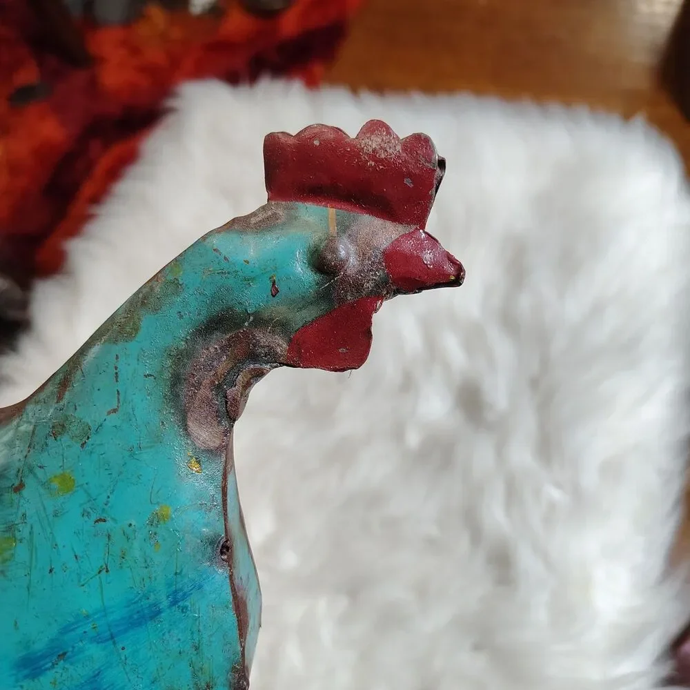 Rustic Repurposed Colorful Scrap Metal Welded Hen Rooster Chkn Primitive Statue